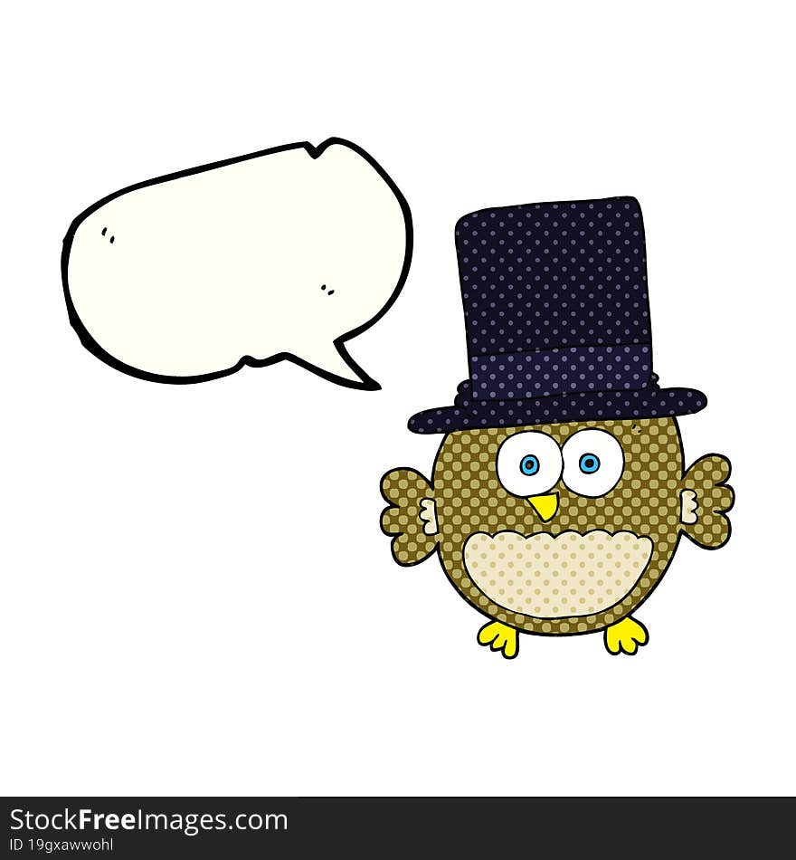 freehand drawn comic book speech bubble cartoon owl in top hat