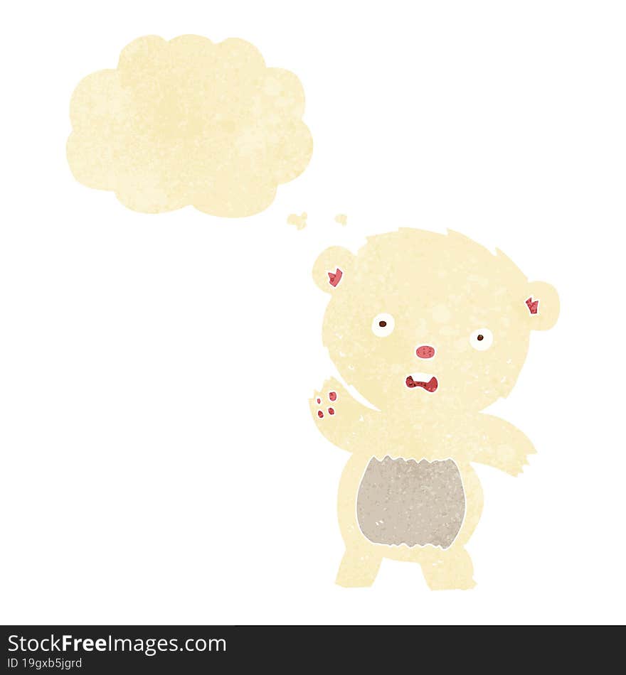 cartoon waving polar bear cub with thought bubble