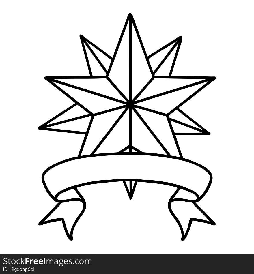 black linework tattoo with banner of a star