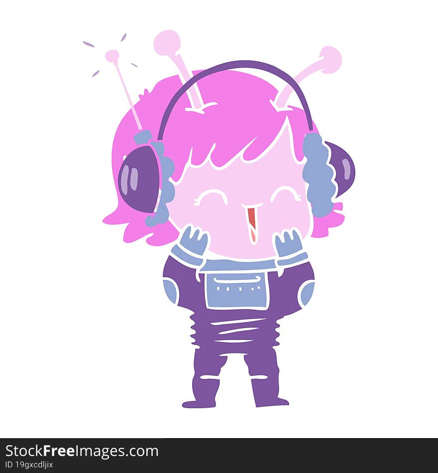 Flat Color Style Cartoon Alien Girl Listening To Music