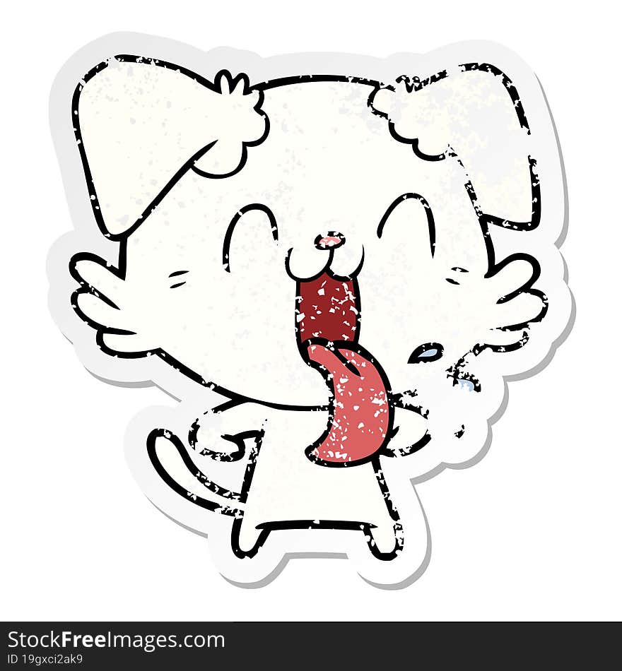 distressed sticker of a cartoon panting dog