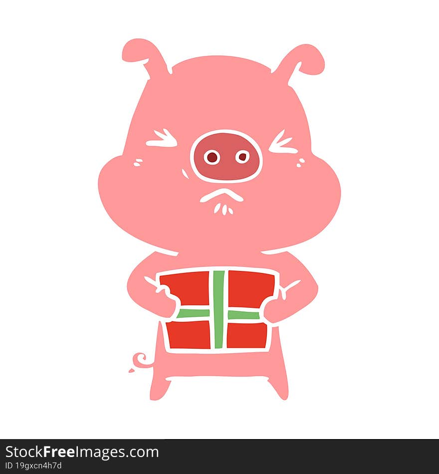 flat color style cartoon angry pig with christmas present