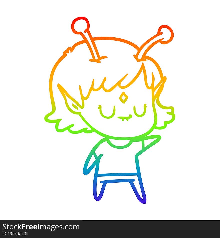 rainbow gradient line drawing of a cartoon alien girl