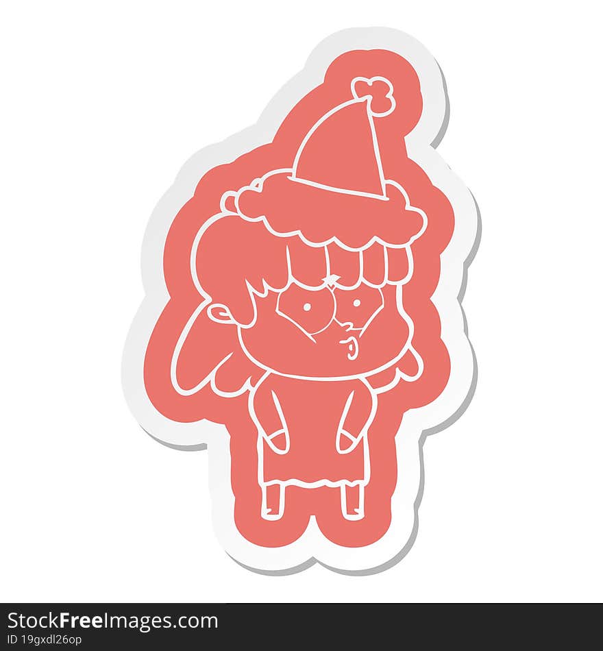 cartoon  sticker of a whistling girl wearing santa hat