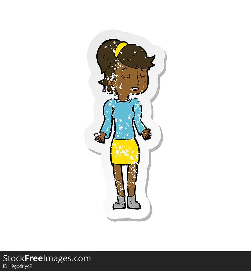 retro distressed sticker of a cartoon woman shrugging shoulders