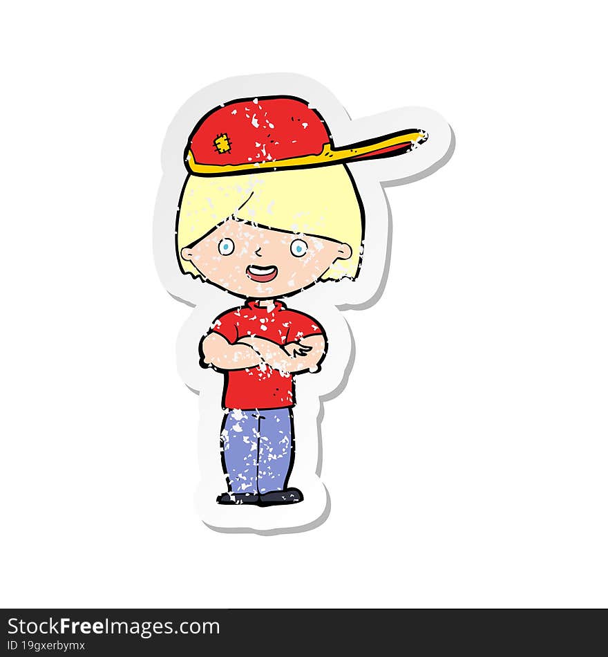 retro distressed sticker of a cartoon boy wearing cap