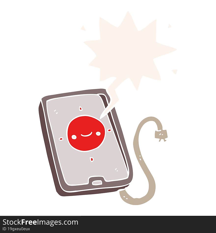 cartoon mobile phone device and speech bubble in retro style