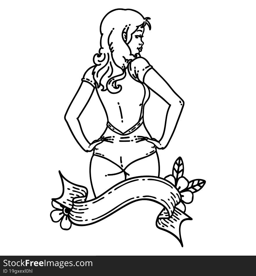 black line tattoo of a pinup swimsuit girl with banner