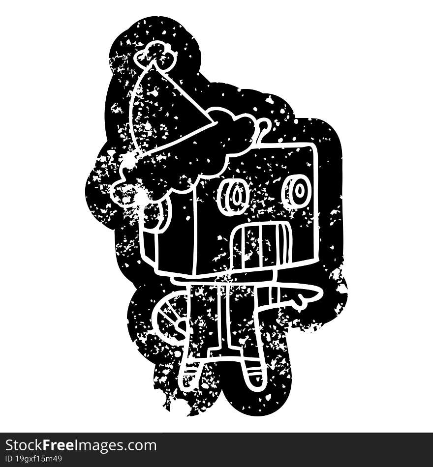 cartoon distressed icon of a robot wearing santa hat