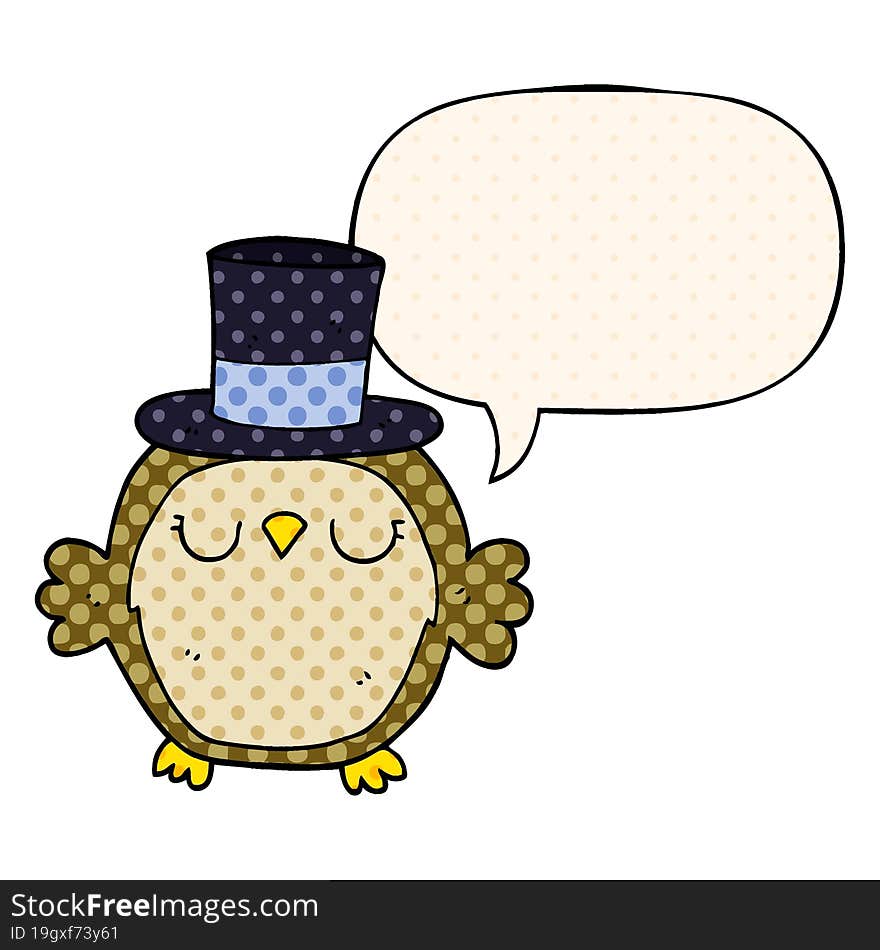 cartoon owl wearing top hat and speech bubble in comic book style