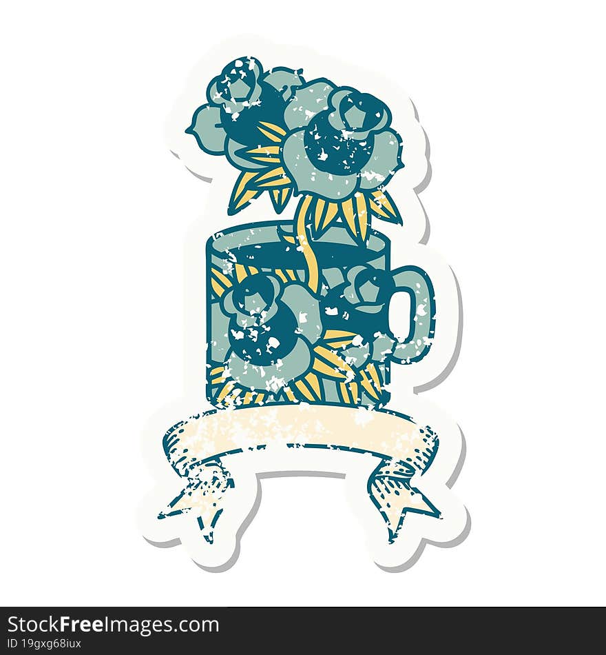 grunge sticker with banner of a cup and flowers