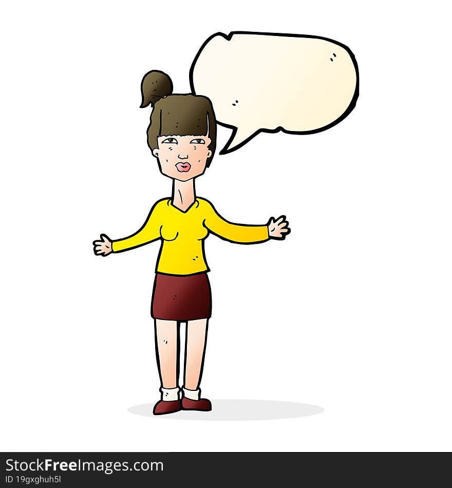 cartoon woman shrugging shoulders with speech bubble