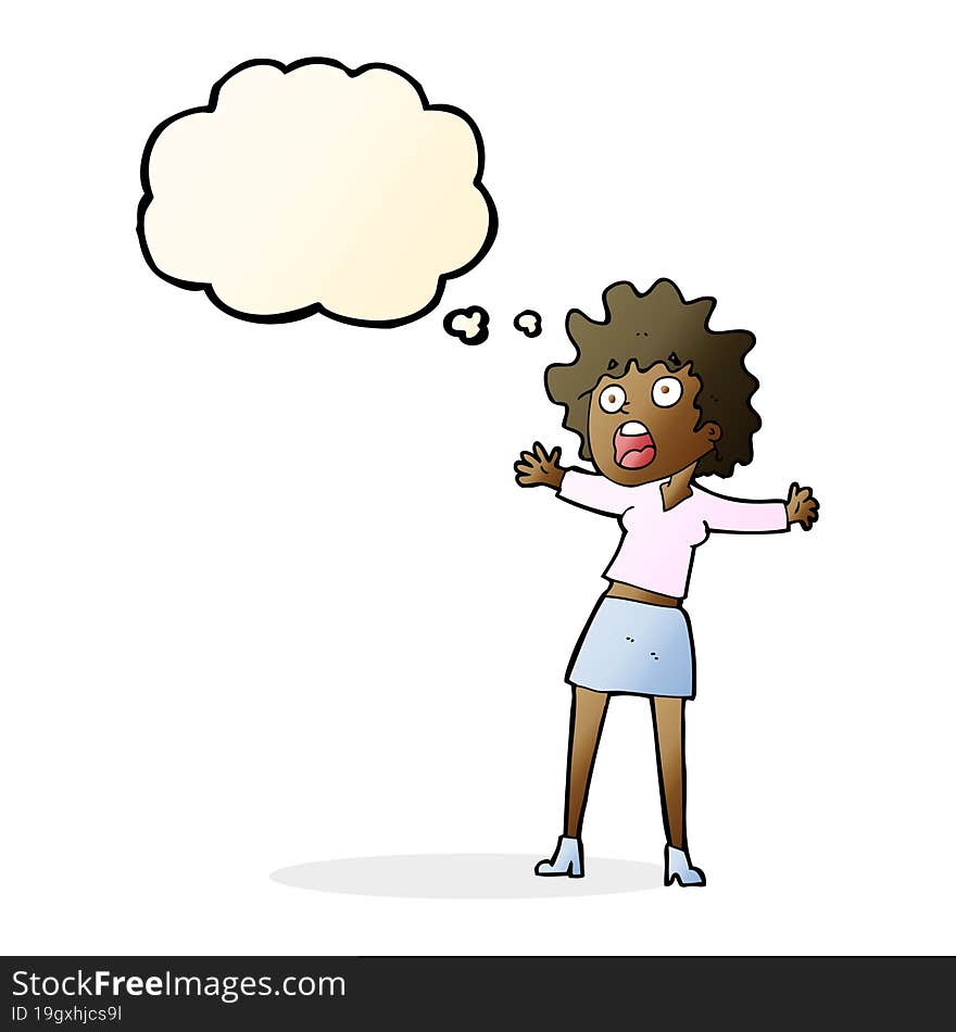 cartoon frightened woman with thought bubble