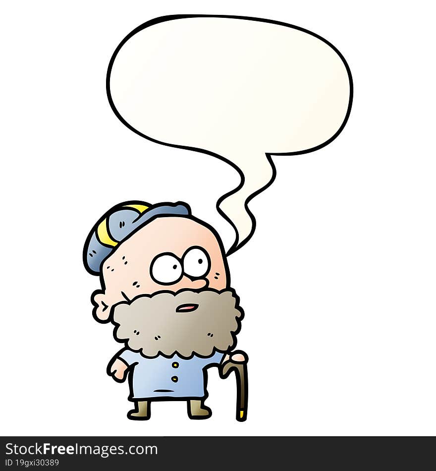 old cartoon man with walking stick and flat cap with speech bubble in smooth gradient style