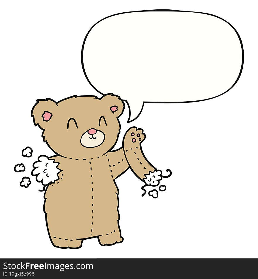 cartoon teddy bear and torn arm and speech bubble