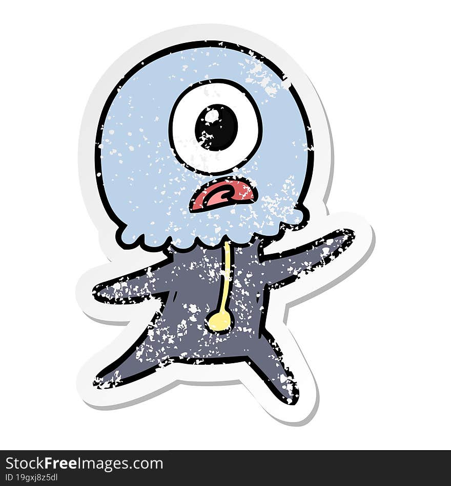 Distressed Sticker Of A Cartoon Cyclops Alien Spaceman