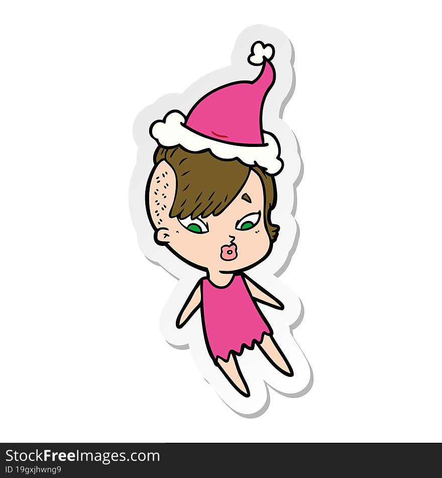 Sticker Cartoon Of A Surprised Girl Wearing Santa Hat