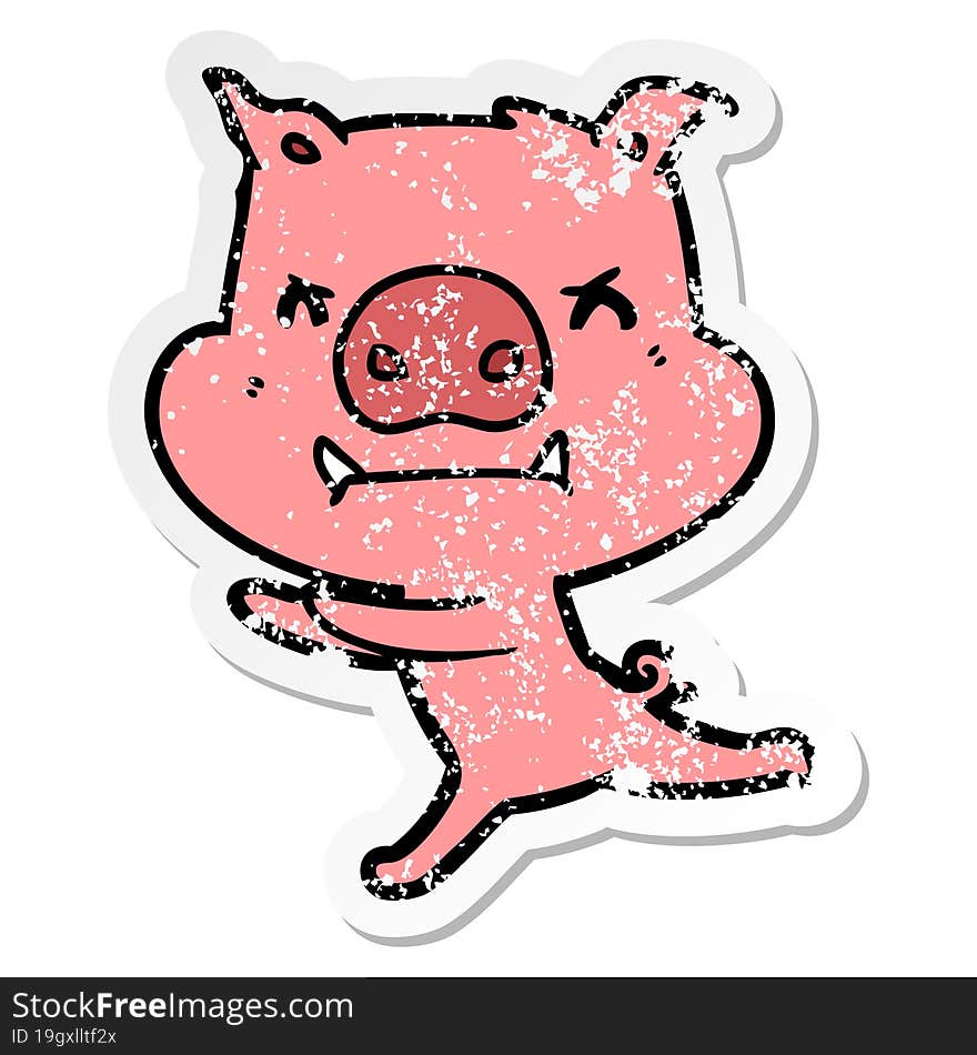 distressed sticker of a angry cartoon pig