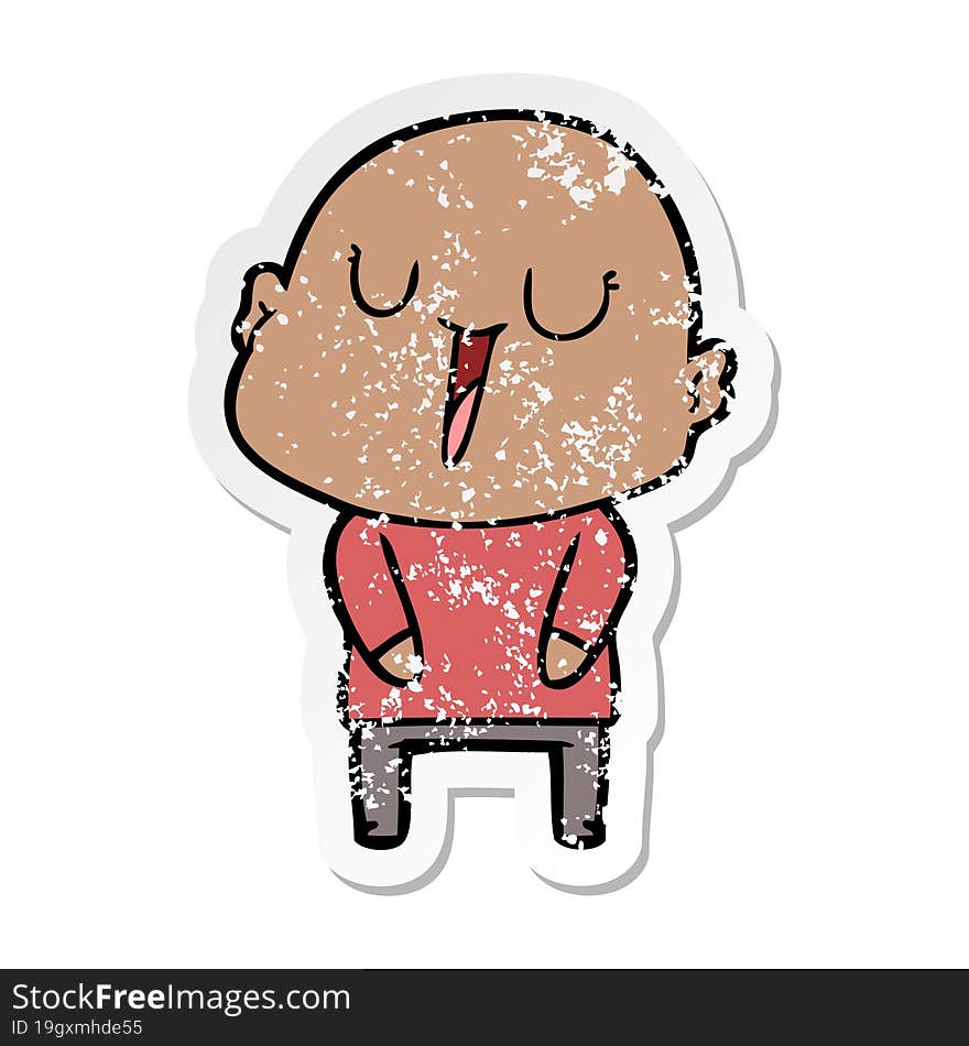 distressed sticker of a happy cartoon bald man