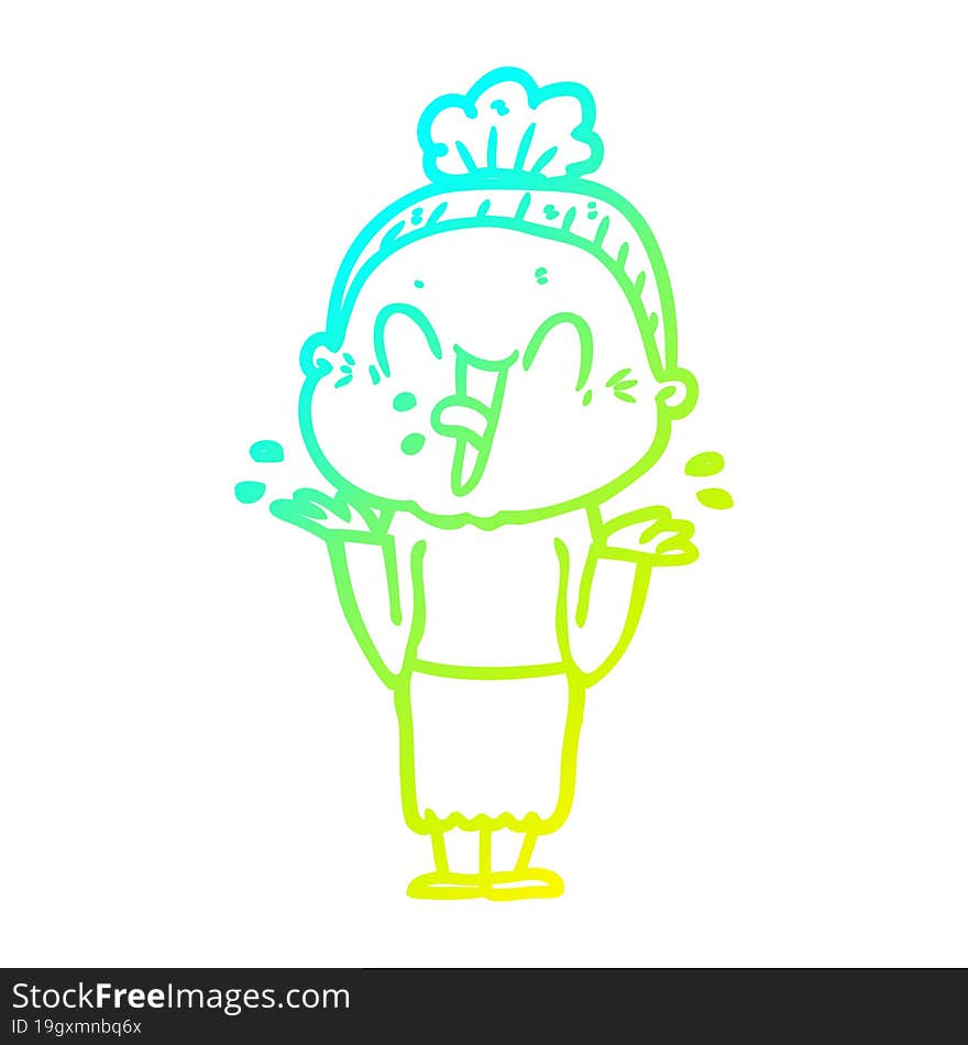 cold gradient line drawing of a cartoon happy old woman