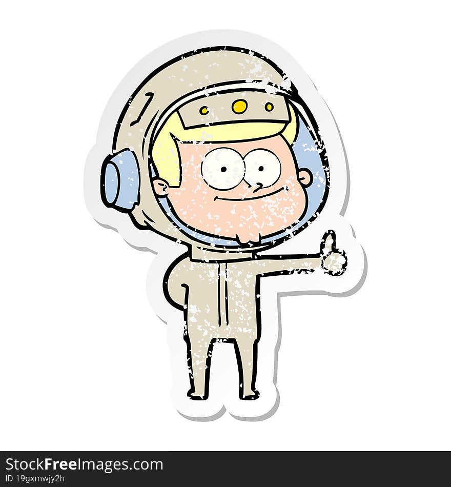 distressed sticker of a happy astronaut cartoon