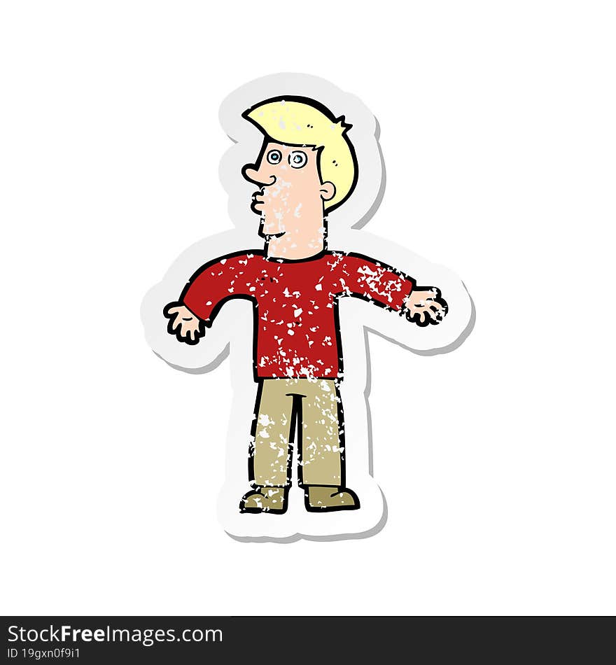 Retro Distressed Sticker Of A Cartoon Man Shrugging Shoulders