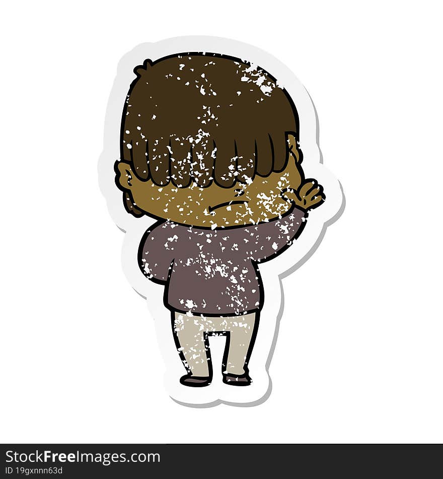 distressed sticker of a cartoon boy with untidy hair