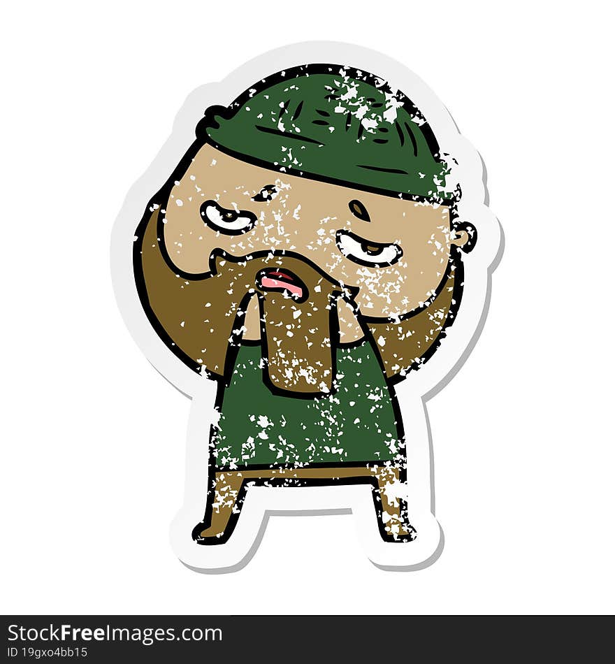 distressed sticker of a cartoon worried man with beard