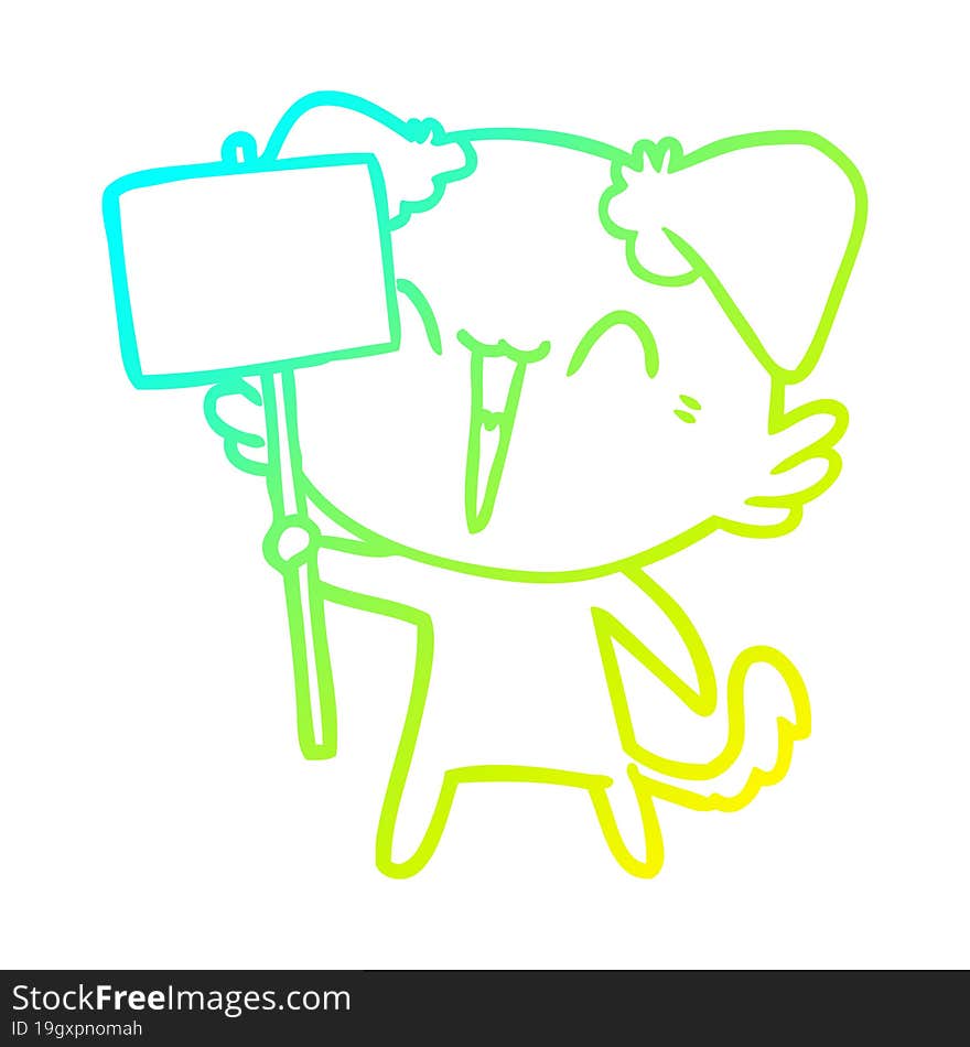 cold gradient line drawing happy little cartoon dog holding sign