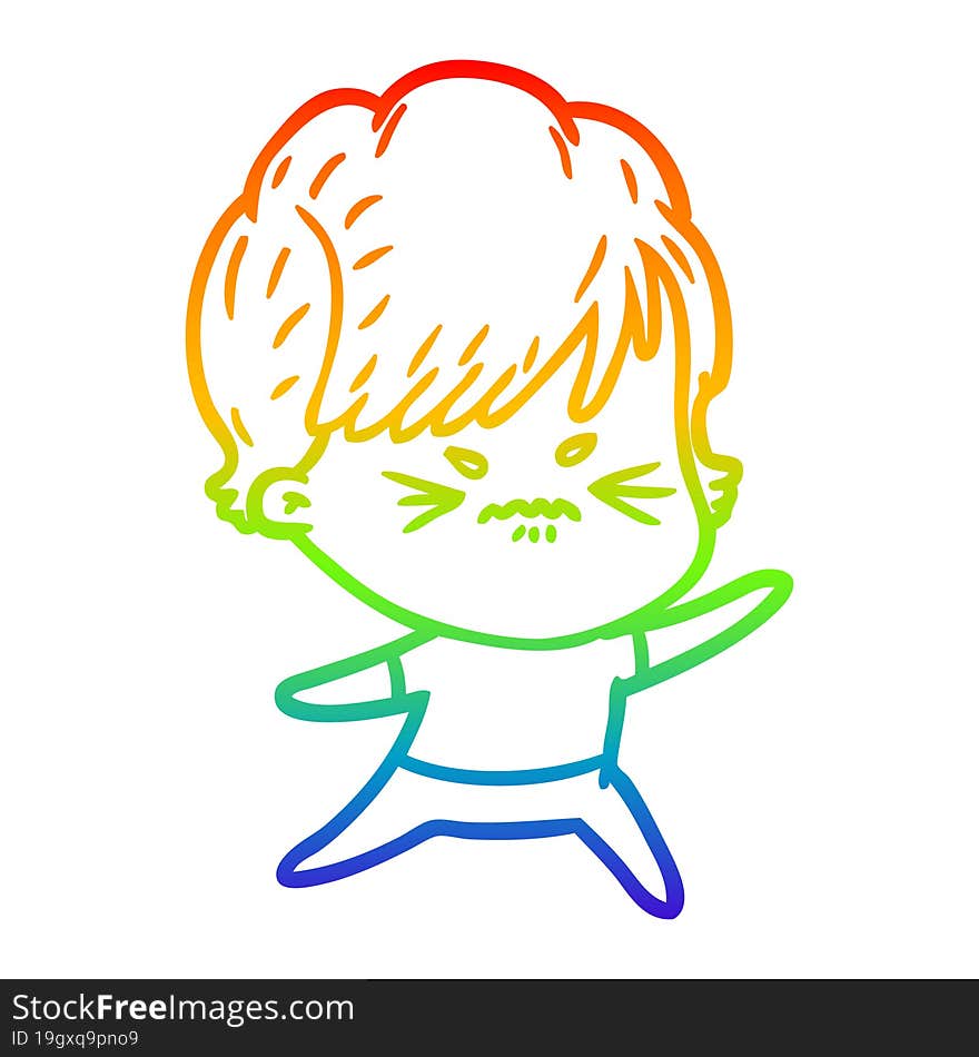 rainbow gradient line drawing of a cartoon frustrated woman