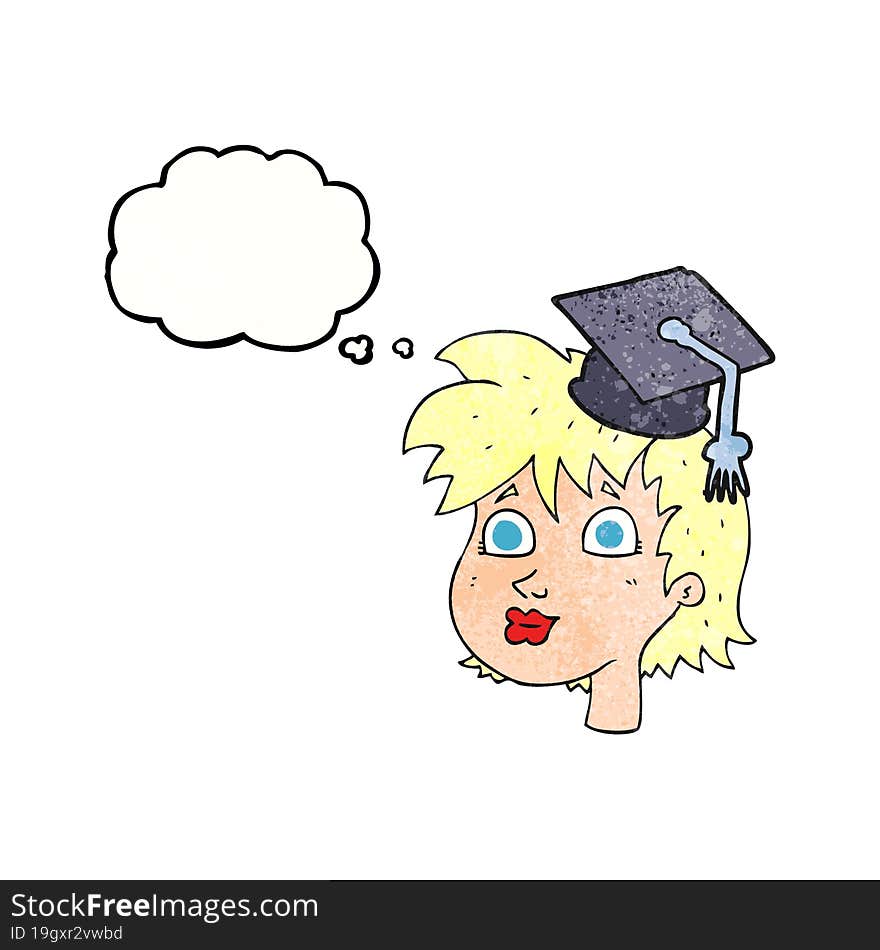 freehand drawn thought bubble textured cartoon woman wearing graduate cap. freehand drawn thought bubble textured cartoon woman wearing graduate cap