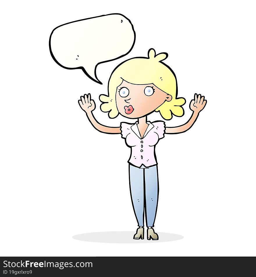 cartoon woman surrendering with speech bubble