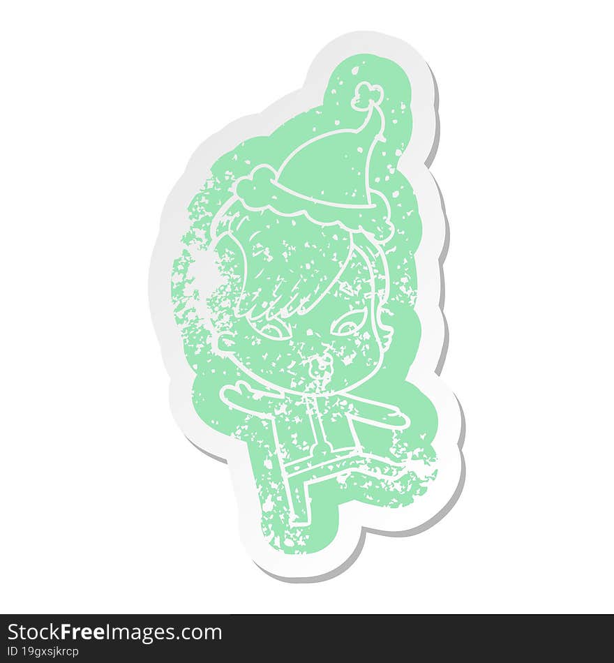 cartoon distressed sticker of a surprised girl in science fiction clothes wearing santa hat