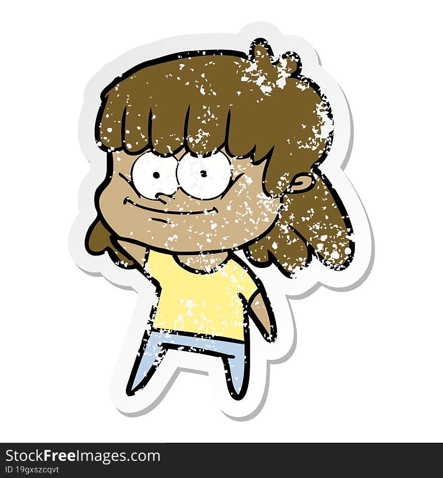 distressed sticker of a cartoon girl smiling