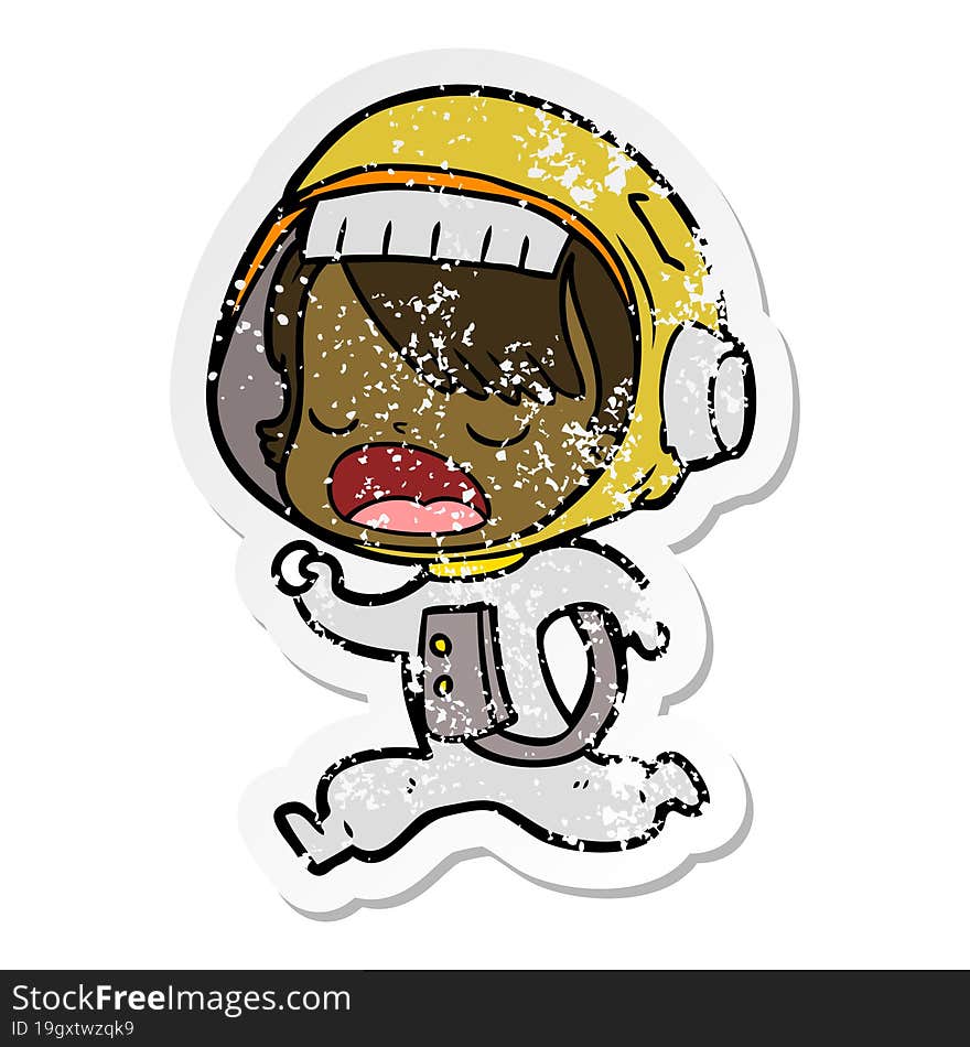 distressed sticker of a cartoon astronaut woman running