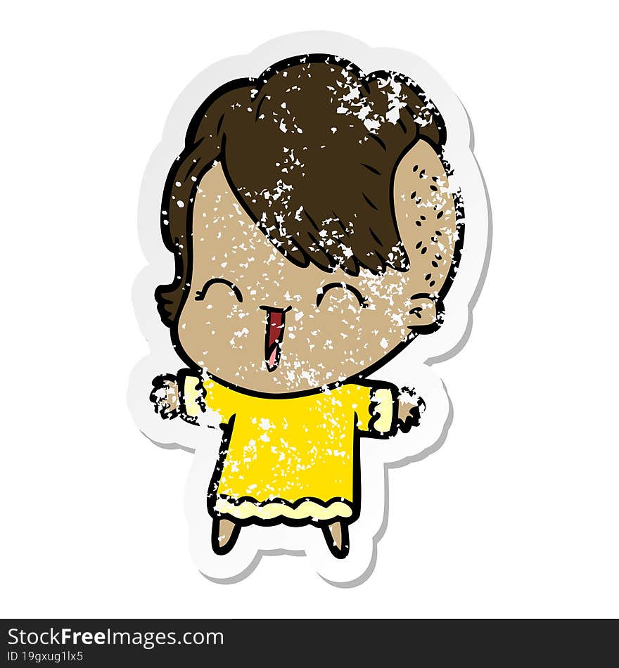 distressed sticker of a cartoon happy hipster girl