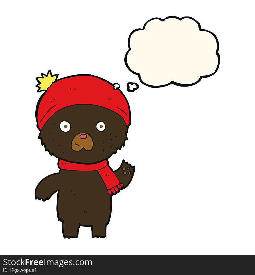 cartoon waving black bear with thought bubble