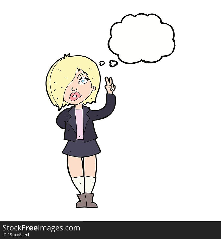 Cartoon Cool Girl Giving Peace Sign With Thought Bubble