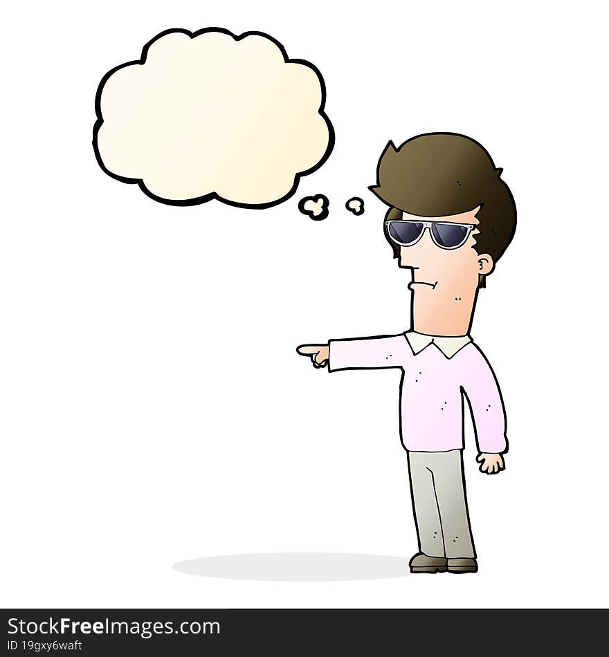 cartoon man in glasses pointing with thought bubble