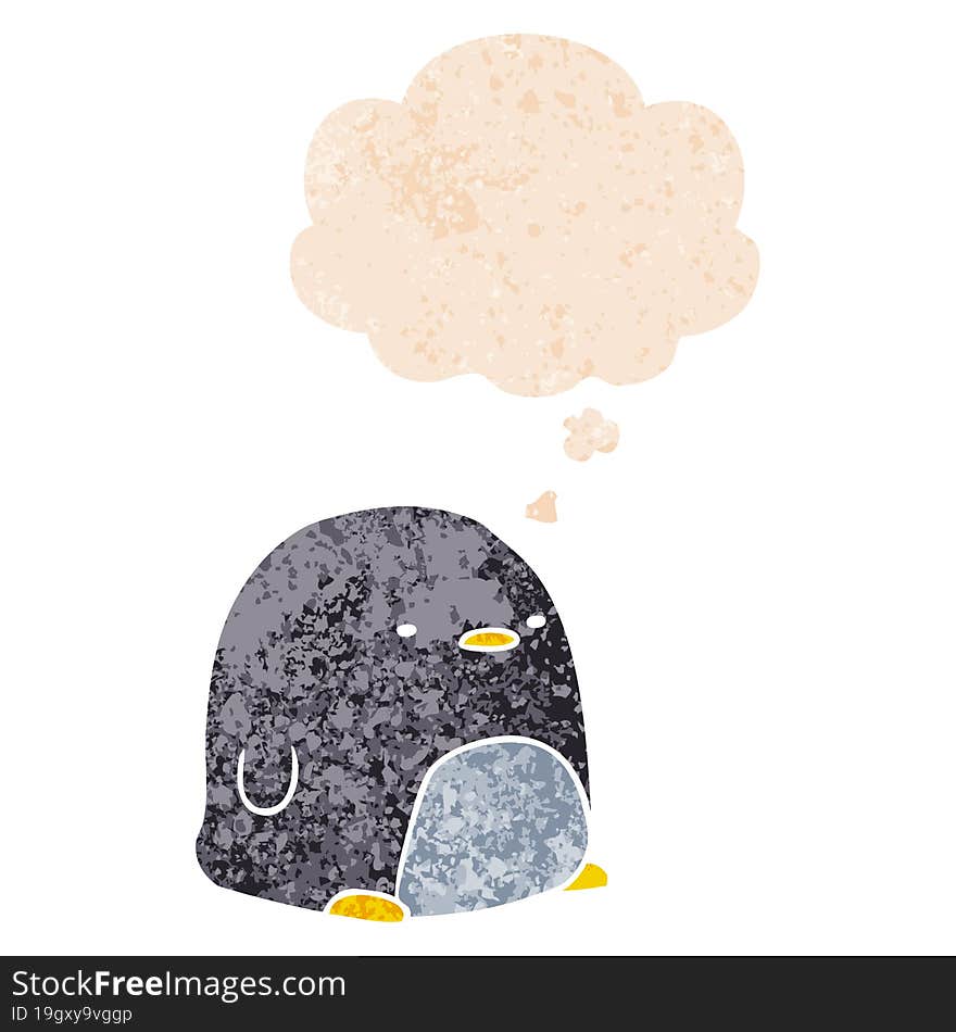 Cute Cartoon Penguin And Thought Bubble In Retro Textured Style