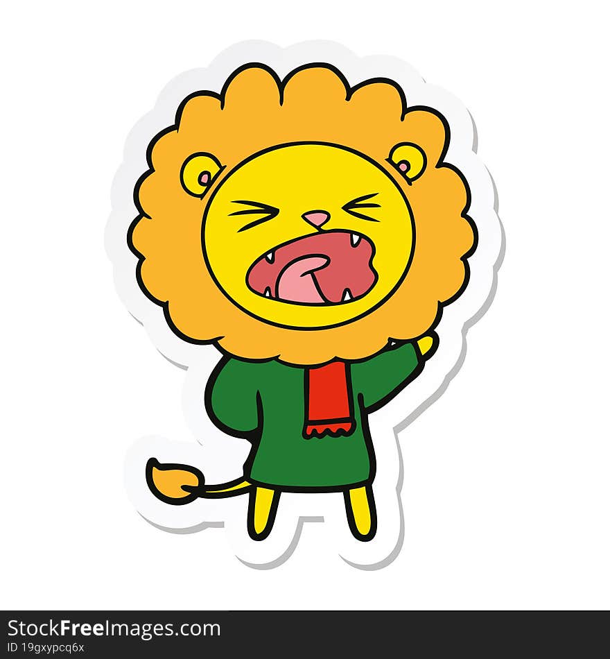 Sticker Of A Cartoon Lion In Winter Clothes