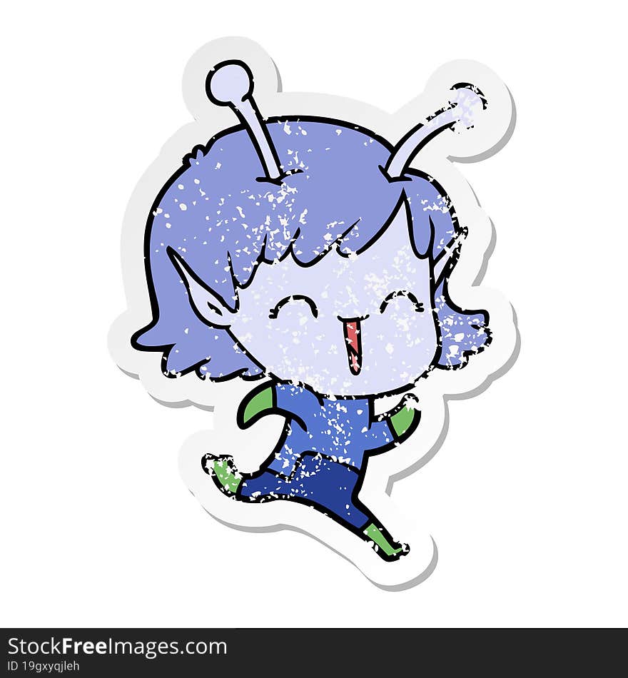 distressed sticker of a cartoon alien girl laughing