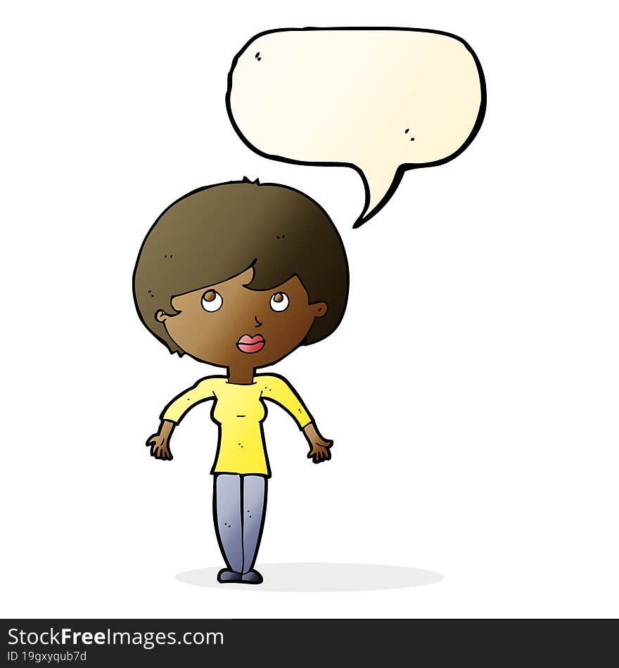 cartoon woman shrugging shoulders with speech bubble