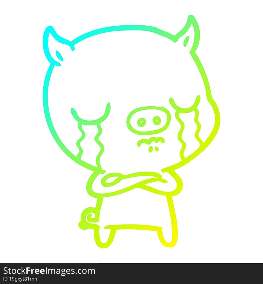 Cold Gradient Line Drawing Cartoon Pig Crying