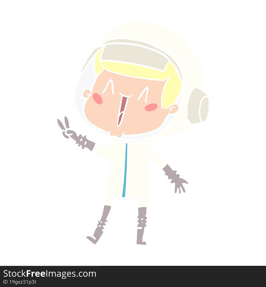 happy flat color style cartoon astronaut giving peace sign