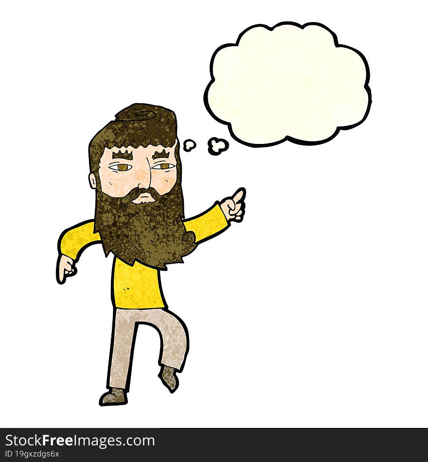 cartoon bearded man pointing the way with thought bubble