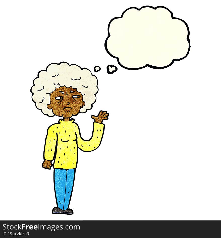 cartoon annoyed old woman waving with thought bubble