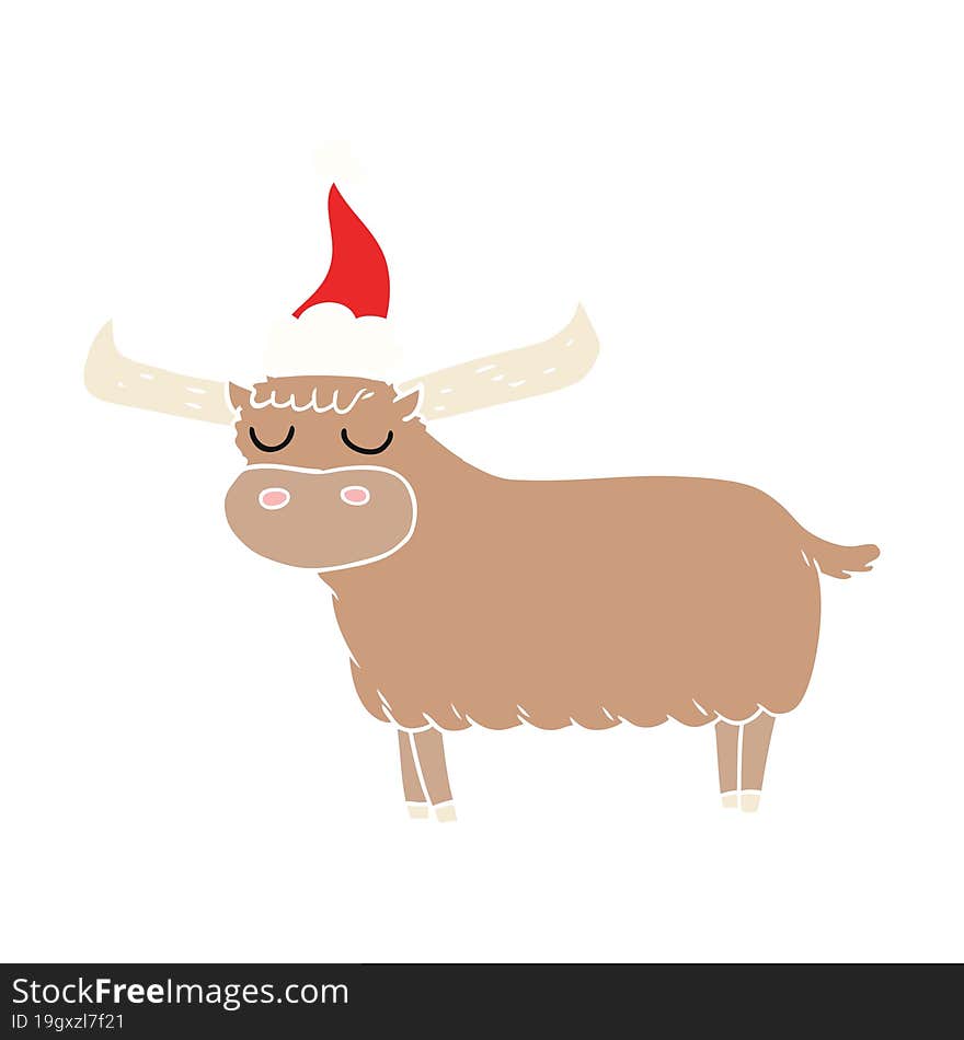 flat color illustration of a bull wearing santa hat