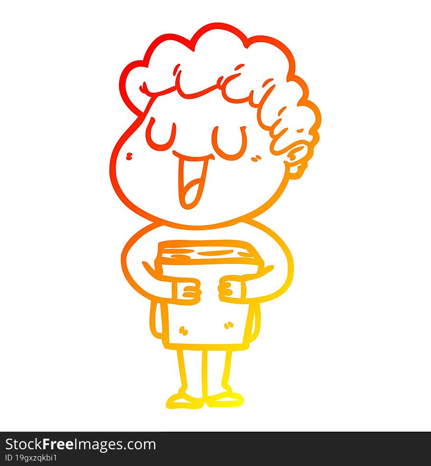 warm gradient line drawing of a laughing cartoon man with book