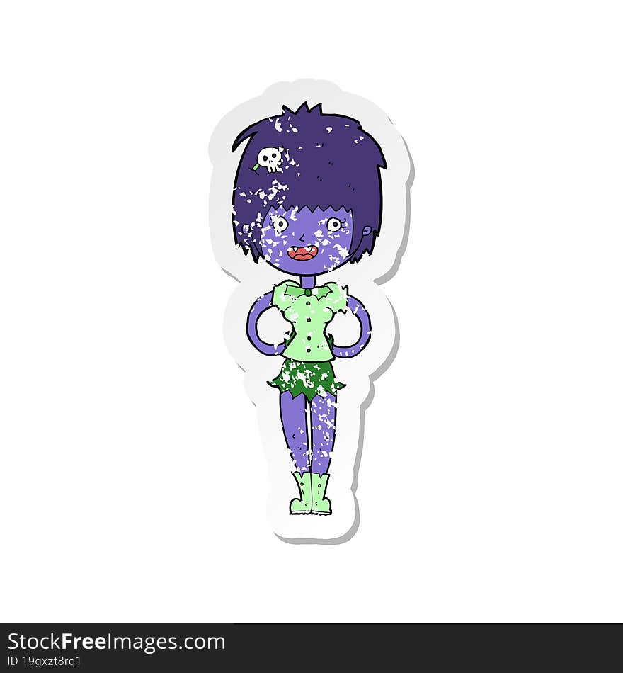 retro distressed sticker of a cartoon happy vampire girl